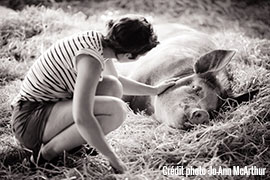 Sarah and piggy at Farm Sanctuary, NY, USA.