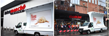 Une précédente tournée en camion à destination d’Intermarché avait été organisée le 24/09 dernier à Lille. Détournant la célèbre publicité du distributeur en question « Les légumes moches », le camion portait l’inscription « Le poulet moche ne sera jamais aussi moche que ce qu’Intermarché lui fait subir ». L’enseigne s’était engagée au lendemain du lancement de la campagne.