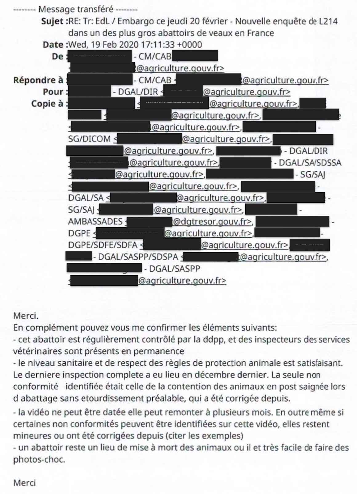 Email DGAL abattoir sobeval infractions éléments de langage