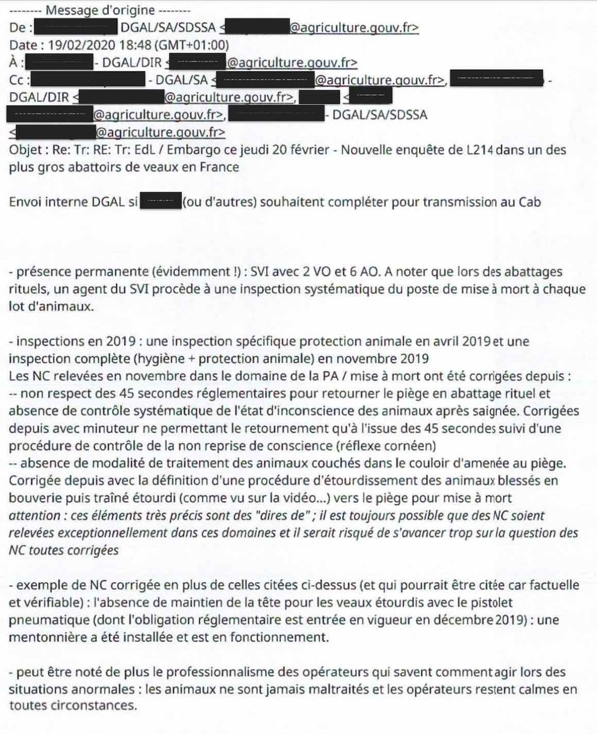 Email DGAL abattoir sobeval infractions éléments de langage interbev