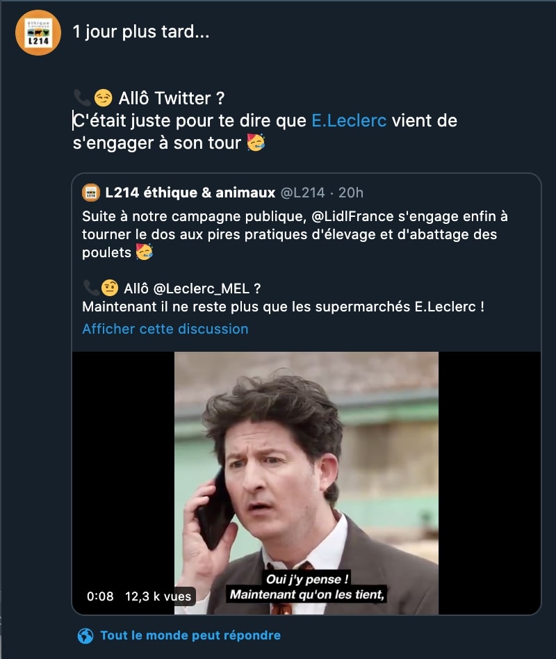 Tweet de L214 pour l'engagement de E. Leclerc