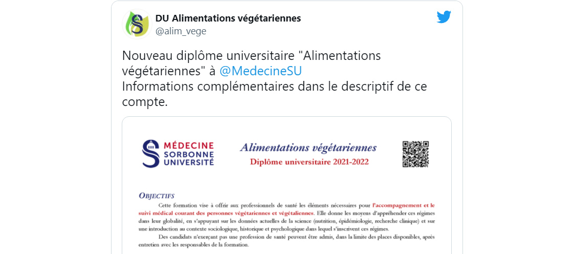 Tweet création du DU Alimentations végétariennes