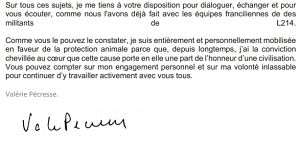 Courrier de Valérie Pécresse à L214