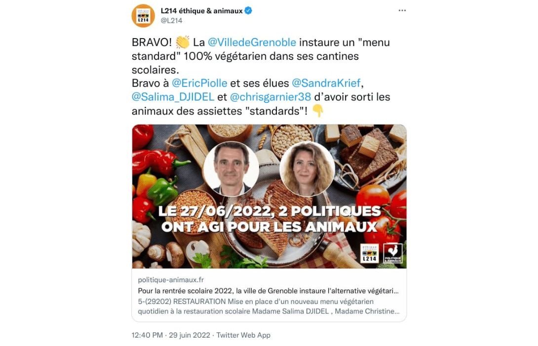 Tweet de L214 félicitant la ville de Grenoble