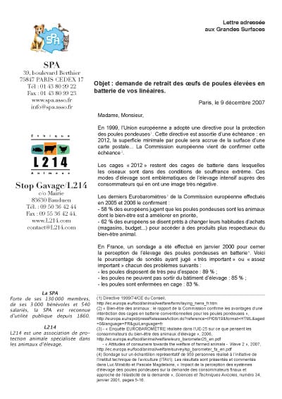 lettre de demande de retrait des œufs de batterie adressée aux Grandes Surfaces