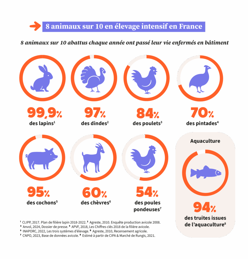 Part des animaux enfermés à vie dans les élevages intensifs
