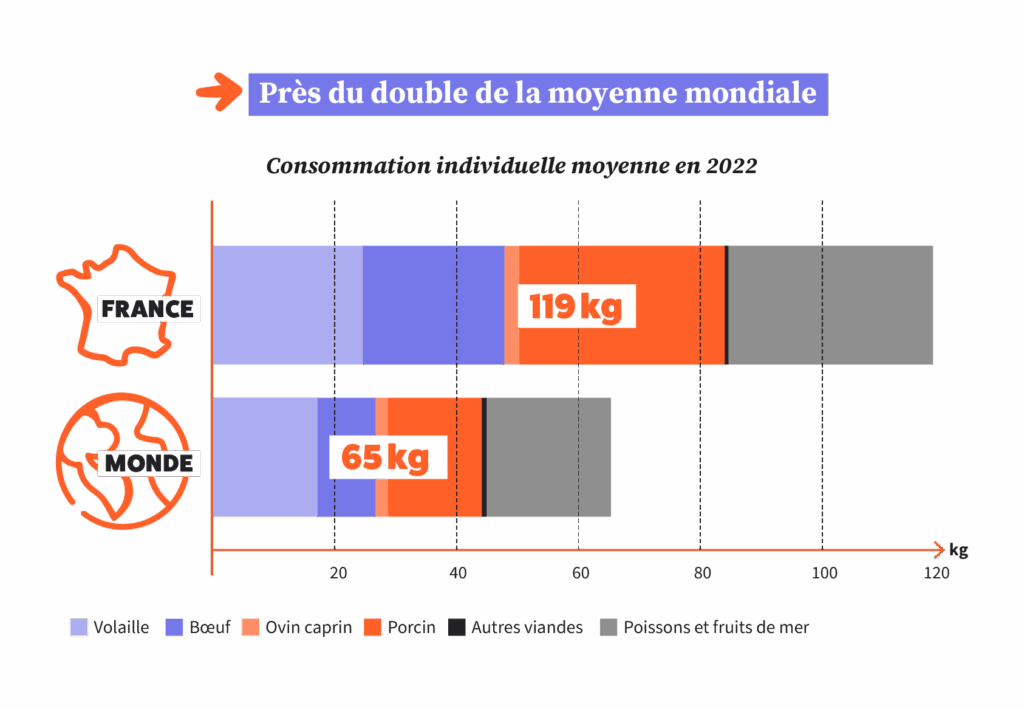 Consommation moyenne de viande annuelle en France et dans le monde.