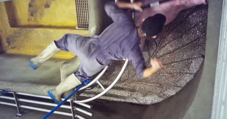 Un opérateur donne un coup de poing à un cochon